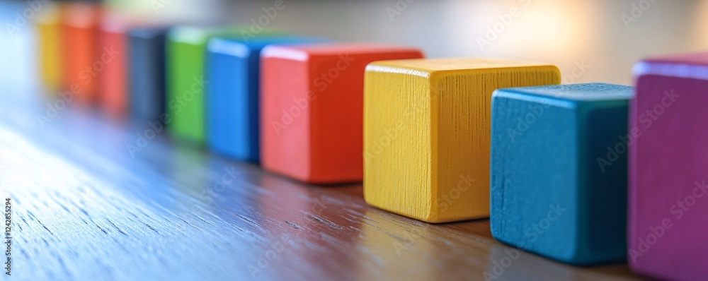 Aufkleber row of colorful wooden cubes forming a line on a table