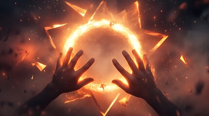 A conceptual visualization of hands arranged in a glowing circular pattern, with dynamic triangular shapes radiating and delicate particles floating in a luminescent haze.