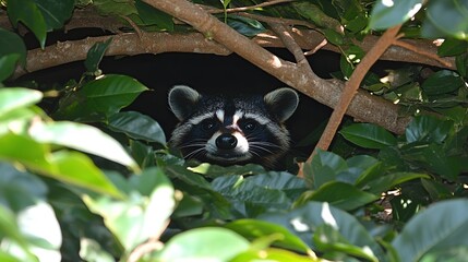 Raccoon hiding in foliage, sunny garden, wildlife