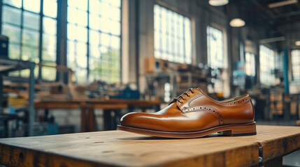 handcrafted men dress shoe is displayed in industrial workshop, showcasing its elegant design and craftsmanship. shoe polished leather and intricate detailing highlight artisan skill