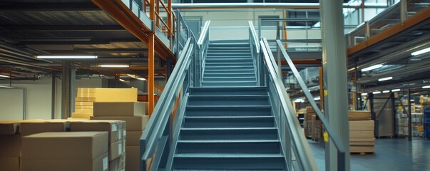 Warehouse metal stairs ascending, boxes stacked, mezzanine level