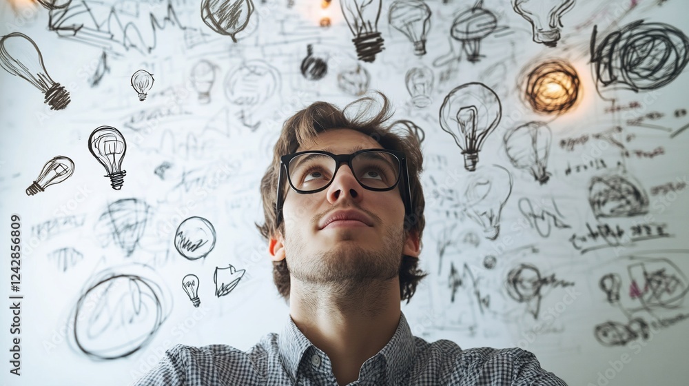 Poster man looking up at ideas and sketches on whiteboard background with creativity