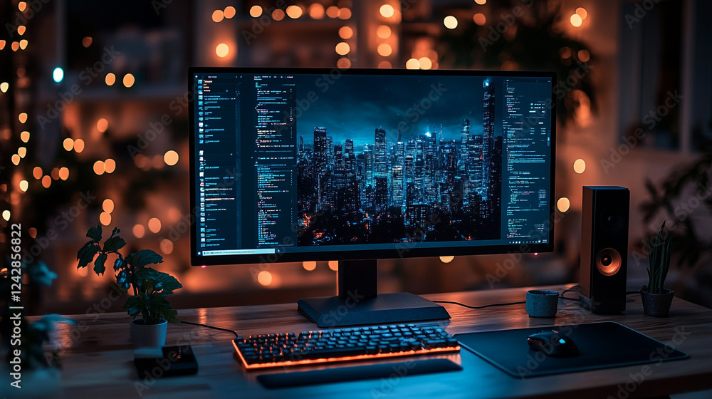 Poster modern programmer workspace night cityscape coding desktop setup home dark blue glow code mouse