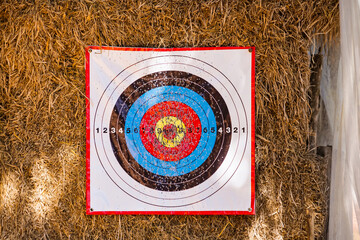 Traditional Archery Target on a Straw Bale, Featuring a Classic Bullseye Design for Precision...