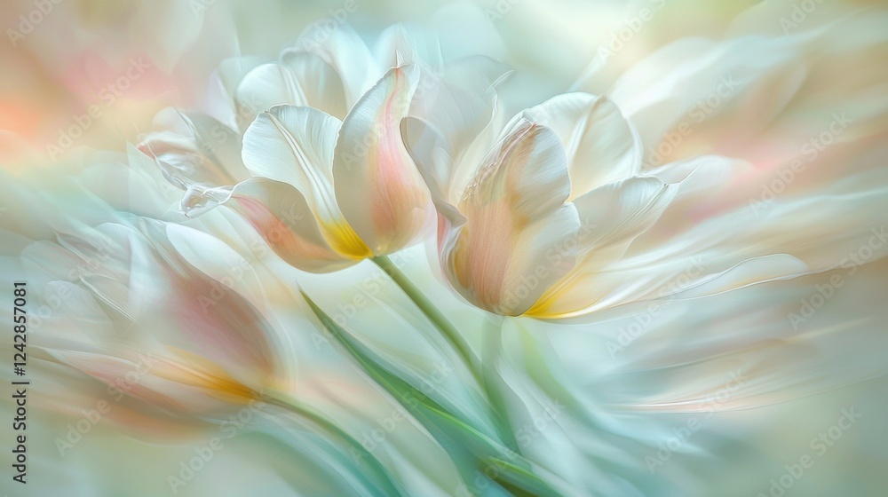 Poster In a serene display of nature, white tulips open gently under soft morning light. Their delicate petals exude a sense of purity and calm, inviting admiration and reflection