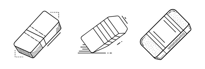 Line Art Illustration of Erasers in Motion-Black-and-white line art depicting three erasers in different positions, showcasing movement and design details in a minimalist style.  
