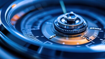 Close-up metallic gauge spinning, dark background, technology concept