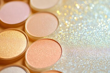 Highlighter Makeup Swatches eye shadows in Shimmering Light on Soft Pastel Gold Background .Glowing Beauty and Radiant Skin Concept.