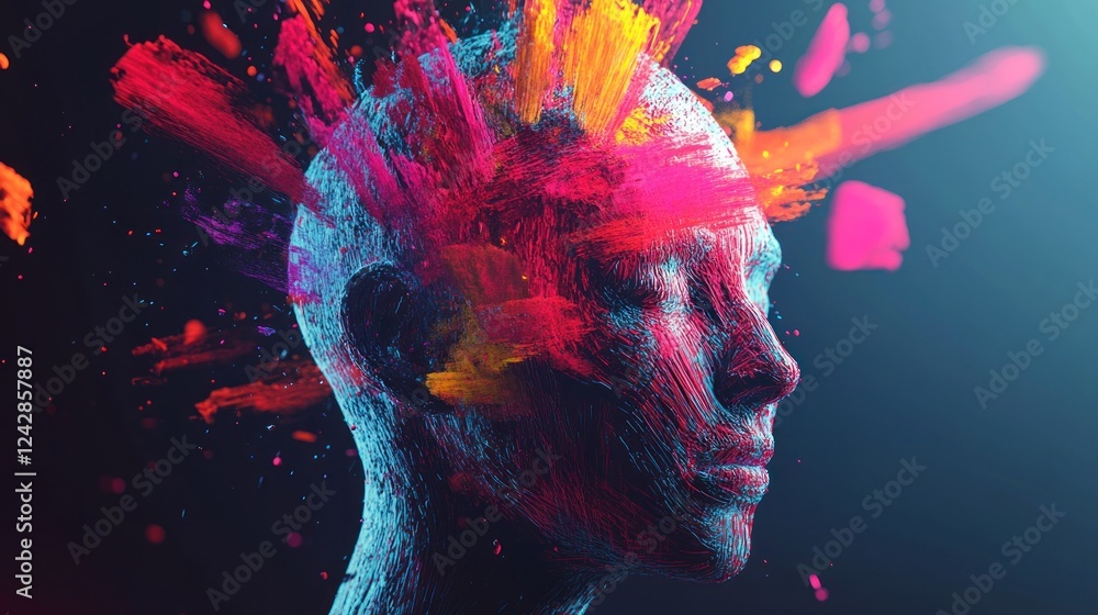 Poster abstract colorful paint exploding from a head