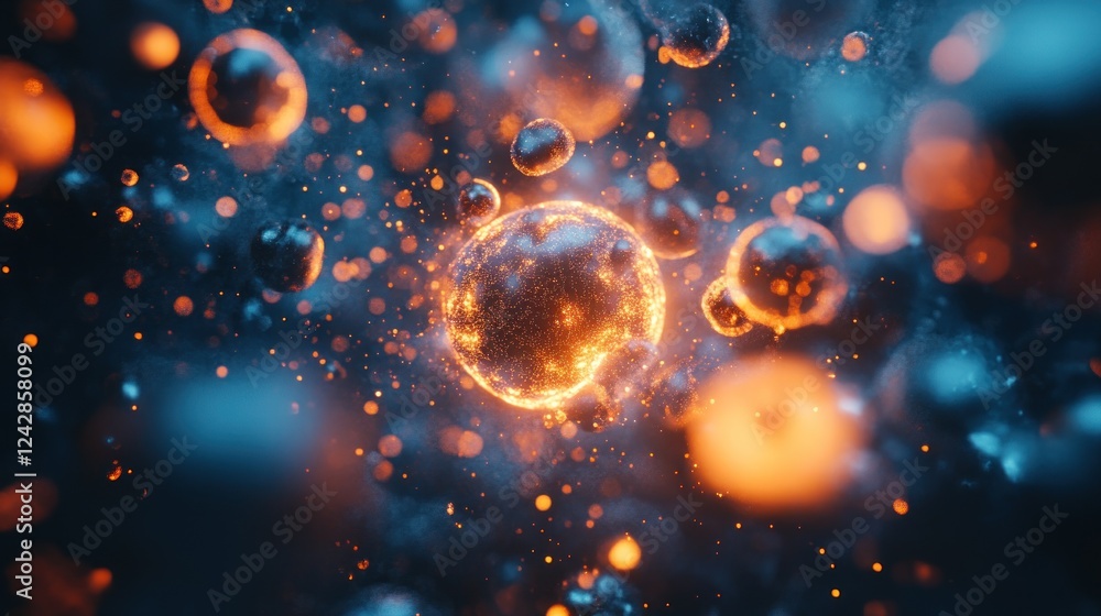 Poster glowing spheres floating in a dark nebula
