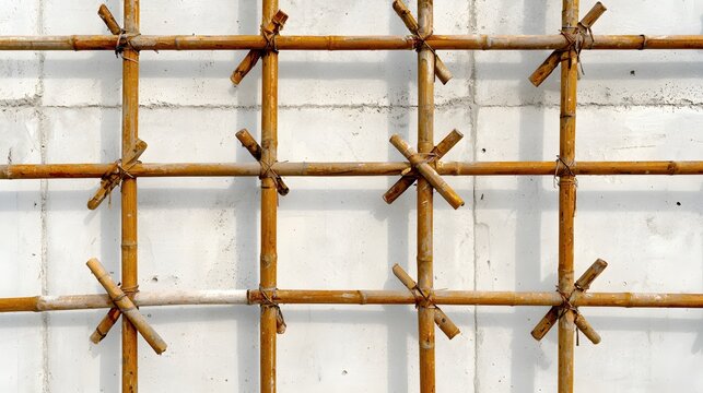 Rustic Bamboo Scaffolding Against White Wall Construction Texture