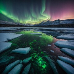A crystal-clear frozen lake reflecting the soft glow of the northern lights.