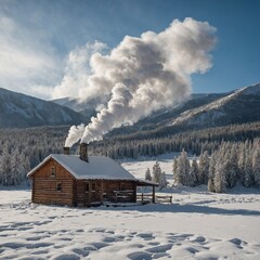 A peaceful white valley covered in fresh snow, with a wooden cabin and smoke rising from the chimney.