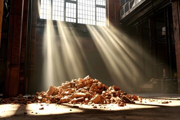 Obraz premium Sunbeams Illuminate Brick Rubble in Abandoned Factory Building