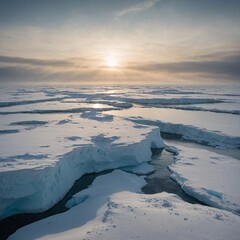 A polar landscape with an endless white horizon, glowing under the soft sunlight.