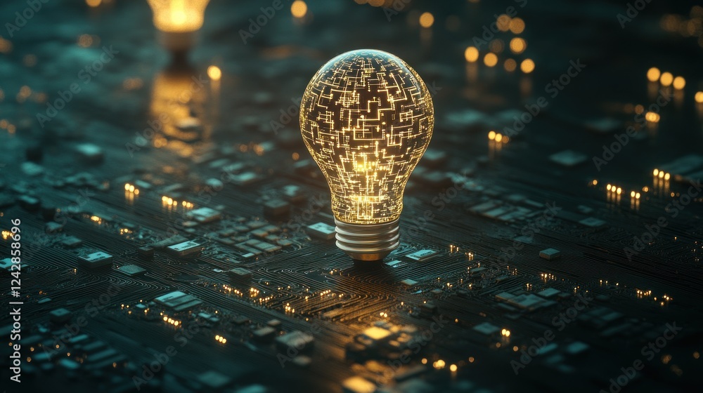 Poster Illuminated Lightbulb on Circuit Board Representing Innovation