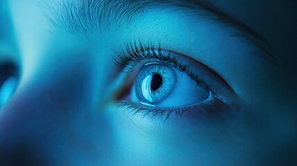 Child's eye, blue light, screen glow, nighttime, digital focus