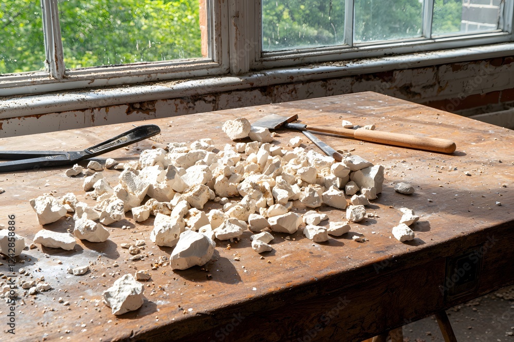 Poster sunlit workshop scene with broken chalk and tools
