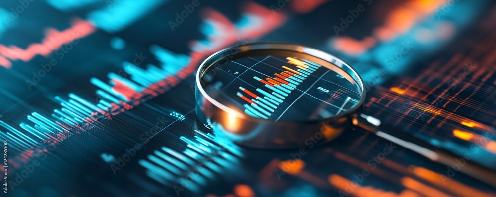 Poster Magnifying glass examining glowing financial charts on a computer screen