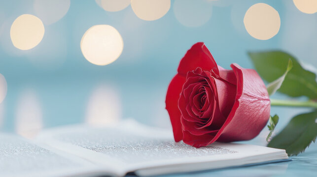 beautiful red rose rests on open book, creating romantic atmosphere with soft bokeh lights in background