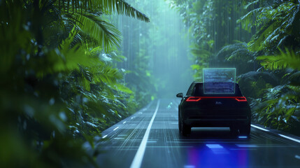 futuristic car drives through lush, green jungle with digital elements. scene evokes sense of adventure and technology