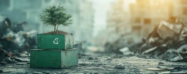 Post-apocalyptic sapling in rubble; rebirth hope
