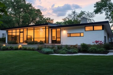 Obraz premium a modern suburban home exterior with pristine white vinyl siding, large picture windows reflecting sunset light, professionally landscaped garden, dramatic dusk lighting