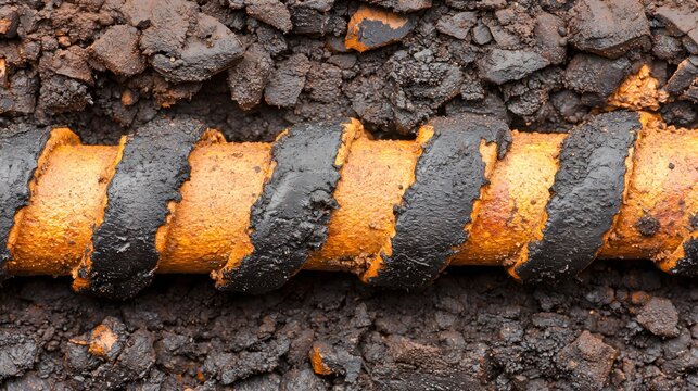 Rusty Metal Pipe Coated in Dark Tar Substance  Embedded in Dark Soil Ground