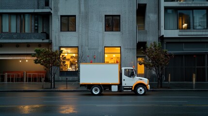 A cinematic shot of a delivery truck in front of a restaurant
