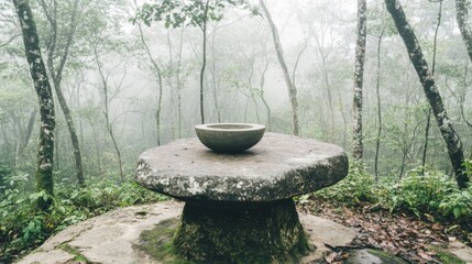 Ancient stone altar in misty forest with ceremonial bowl, symbolizing ancient rituals and spiritual connection to nature, evoking mystery and historical traditions.