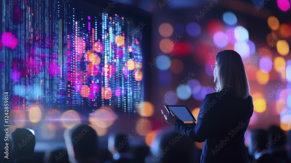 Poster woman in suit holds tablet while observing vibrant digital display with colorful lights and data pat