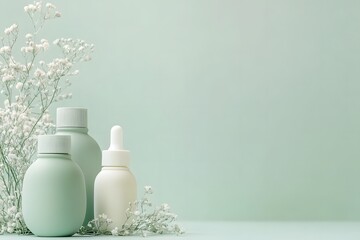 Elegant Skincare Product Arrangement with Minimalist Green and White Bottles, Baby's Breath Flowers, and a Soft Pastel Background with copy space. Organic beauty product concept.