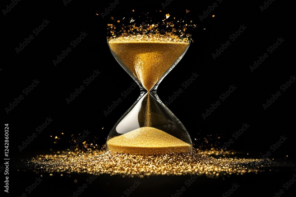 Poster golden hourglass captures the essence of time passing in a dramatic setting with shimmering sand par