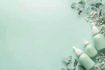 Minimalist Skincare Composition with Green Glass Dropper Bottles on a Pastel Green Background and Eucalyptus Leaves with copy space, Theme of organic beauty product concept.