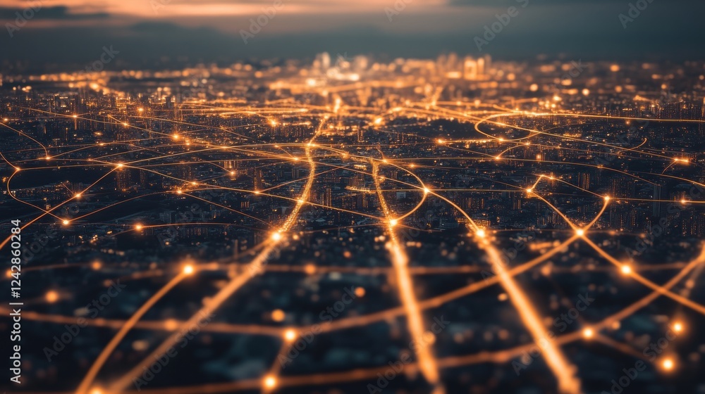 Poster illuminated cityscape network showing interconnections