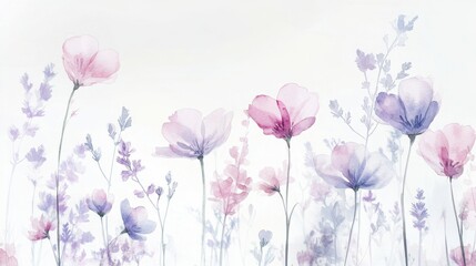 Beautiful seamless floral water color pattern Set, watercolor wild flowers, leaves and grass,Collection botanic garden elements, isolated illustration in rustic or vintage style,copy space.