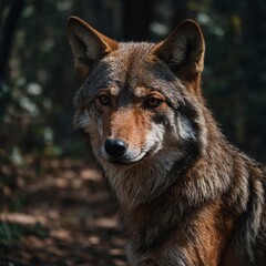 Fototapeta premium A red wolf with a mysterious expression, its fur detailed and rich.