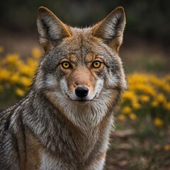 Fototapeta premium A coyote staring directly with intense yellow eyes.