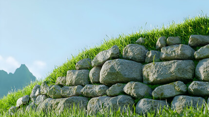 Natural Stone Wall on Green Hill Under Clear Blue Sky