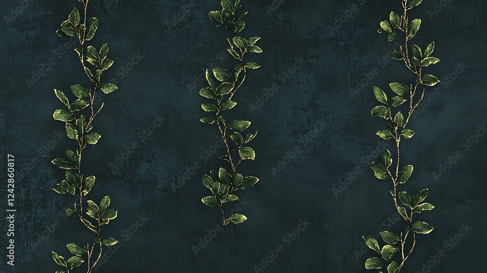 Wall mural Green foliage vertical pattern on dark background, for textile design