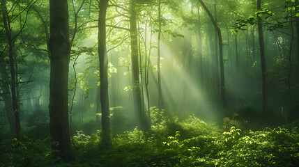 Obraz premium Peaceful Dawn in a Serene Forest: Light and Shadow Dance Among Trees, Creating a Tranquil Escape
