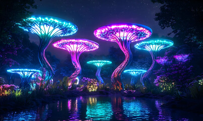 Enchanted Forest with Colorful Glowing Trees and Mystical Atmosphere