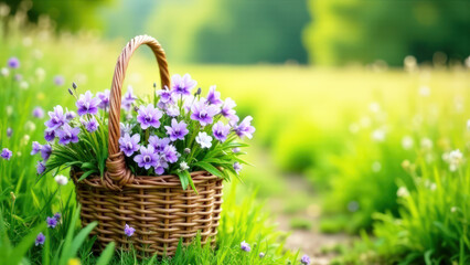 Close-up of a basket full of violet flowers on green grass, blurred background with space for text