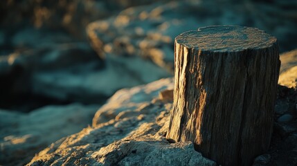 Sunset coastal stump, rocks, ocean background, nature design