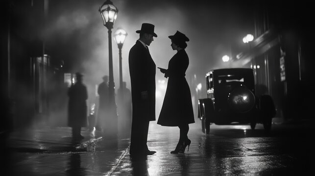 Fototapeta Couple night city street fog secret meeting noir film
