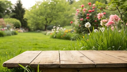Fototapeta premium wooden table placed in a lush garden setting with a focus on flowers and grass in the foreground featuring a soft blur, floral motifs, earthy tones