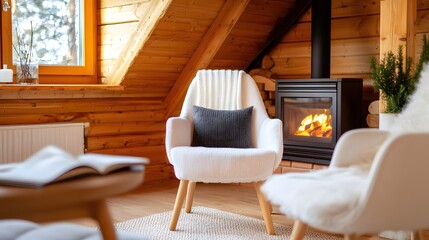 Fototapeta premium Cozy Cabin Winter Fireplace Scene Relaxing White Chair Warm Wooden Room