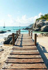 Obraz premium Wooden planks forming a small seashore bridge with a gentle slope, slope, wooden bridge, natural