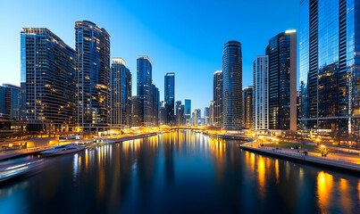 Fototapeta premium Stunning City Skyline with Water Reflection at Twilight Hour