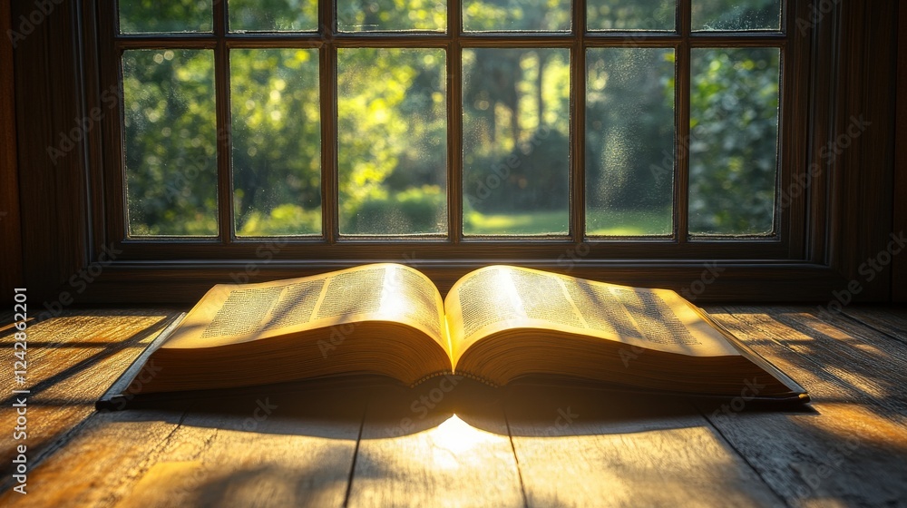 Poster open book resting on wooden table by window with sunlight illuminating pages and greenery outside